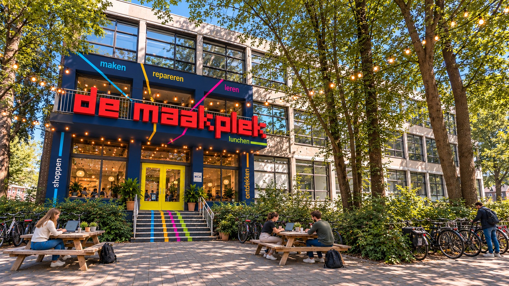 De gevel van de-Maakplek met het rode 'de maakplek'-bord, de entree en bezoekers op het buitenterrein