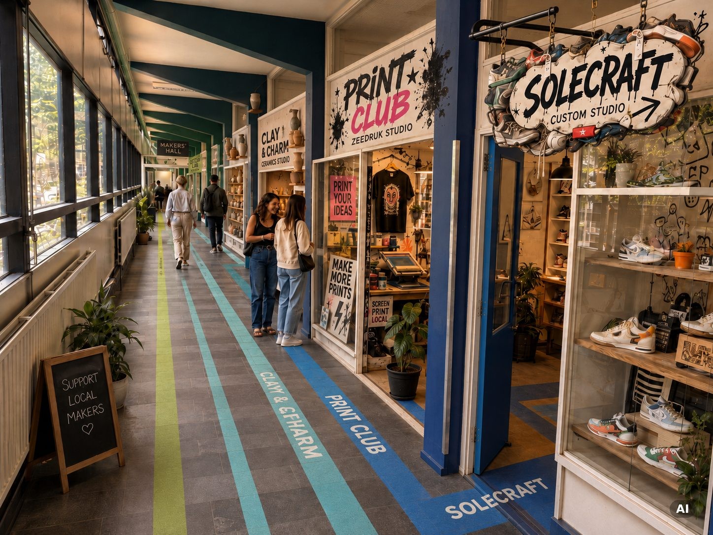 Gang met werkplaatsen: Clay & Charm, Print Club, Solecraft