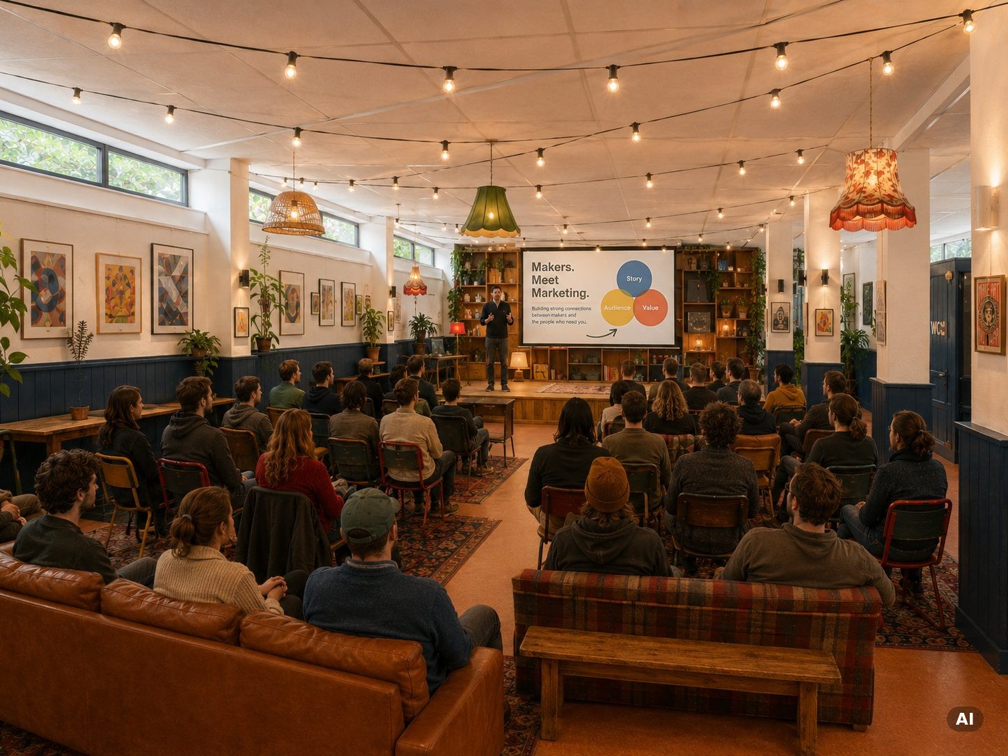 Presentatieruimte bij de-Maakplek, met podium en scherm